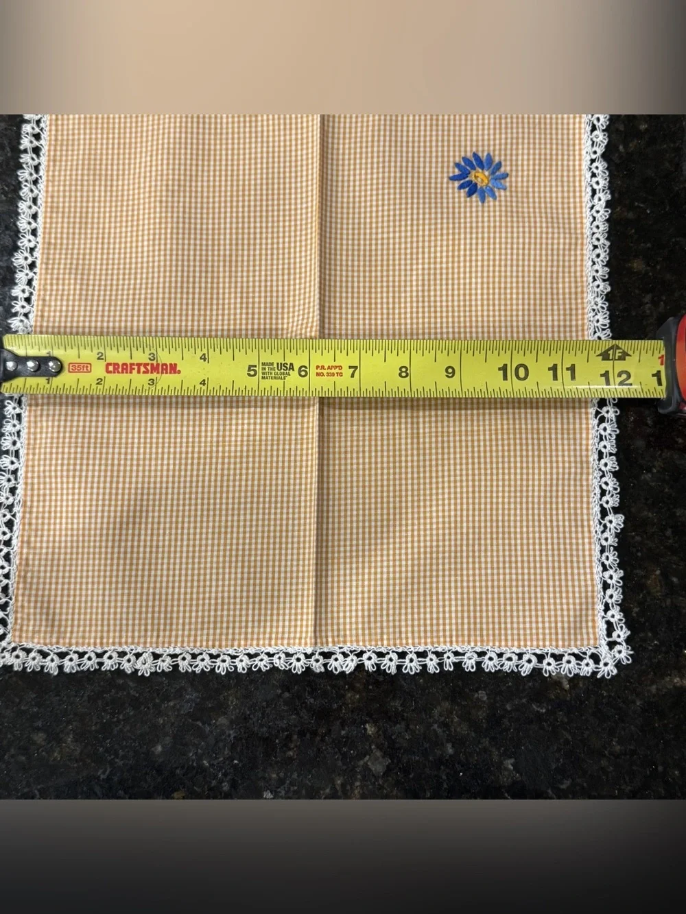 Vintage Set of 2 Orange Gingham Lunch Napkins | Hand Embroidered Blue Daisies
